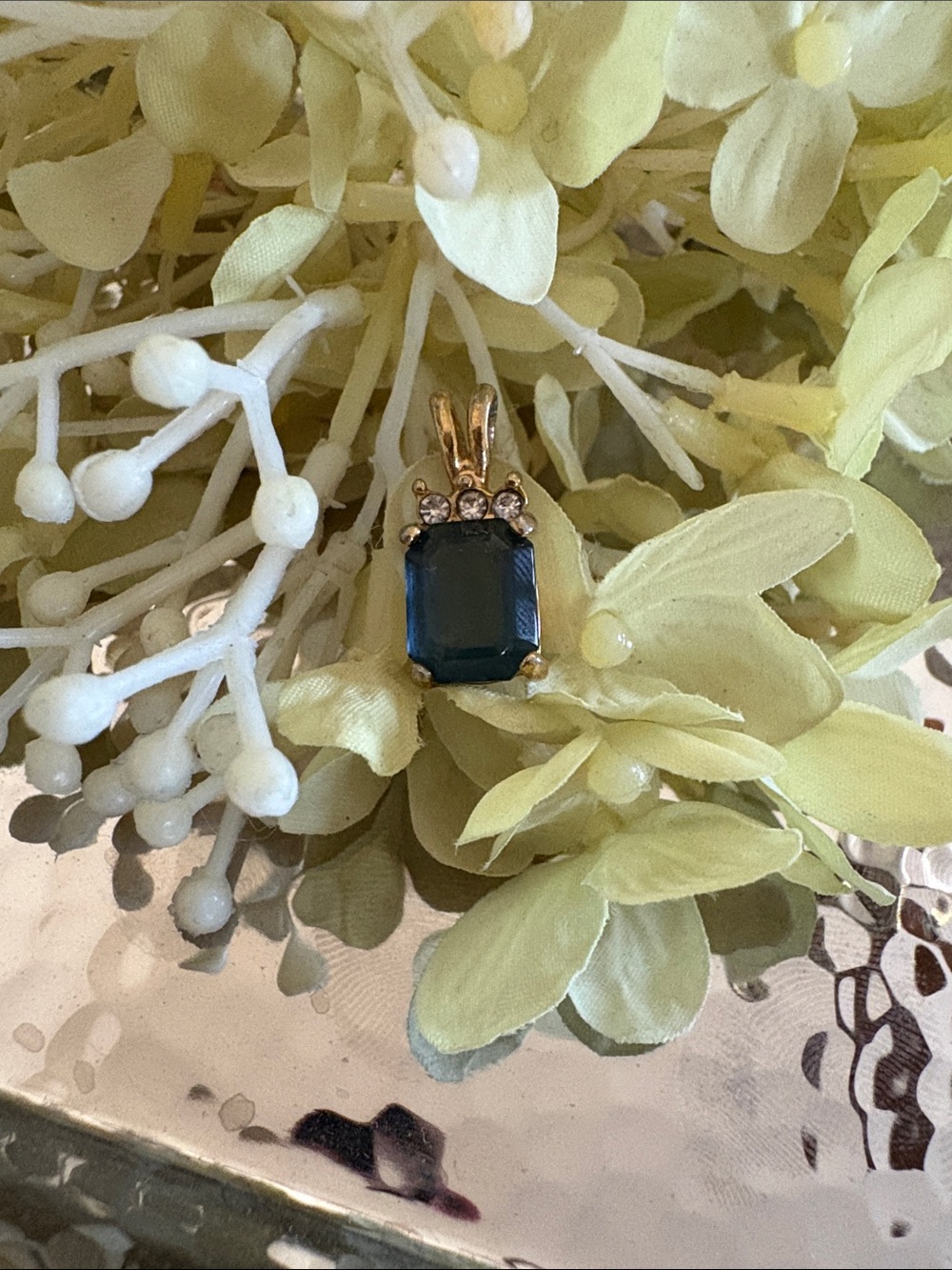 Gold-Tone Necklace Pendant with Dark Blue Emerald-Cut Stone